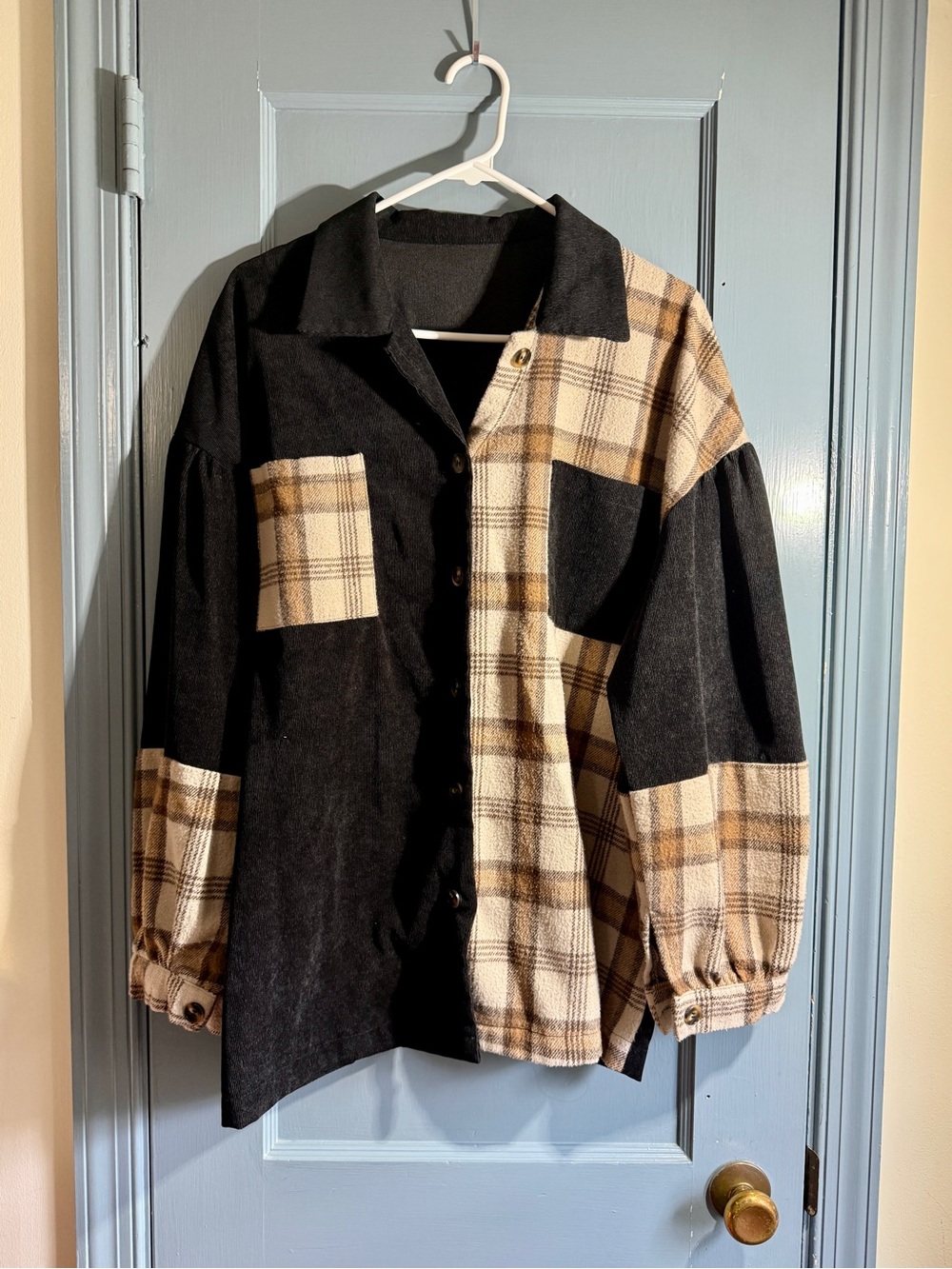 SHEIN Black & Cream Plaid Patchwork Button-Down Shirt